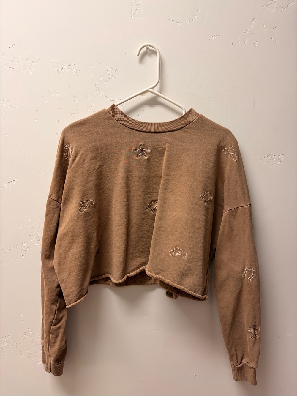 Cropped Brown Embroidered Crewneck Sweatshirt